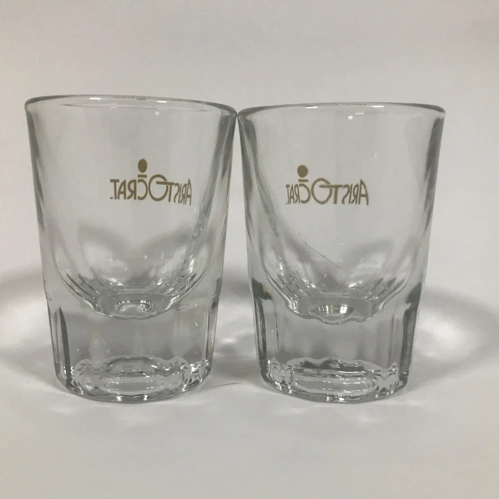 Aristocrat Vodka Shot Glasses Set of 2 Gold Logo Clear Fluted Base Barware